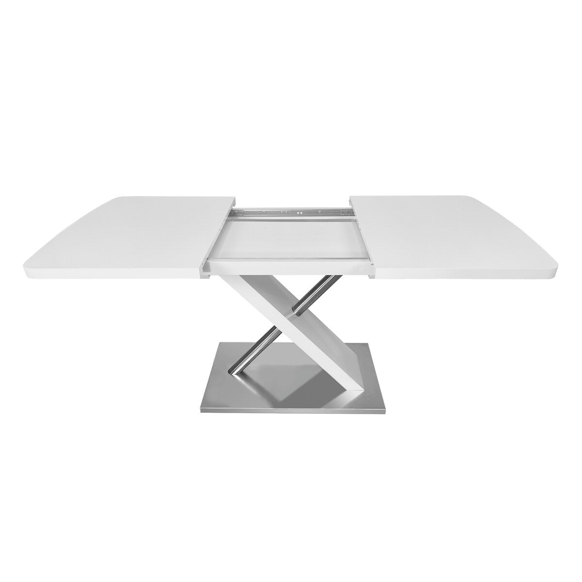 47.25"-63" Glossy Dining Table for 4-6 People, Extendable Dining Table with Crossed Metal Base and Stainless Steel Tubes