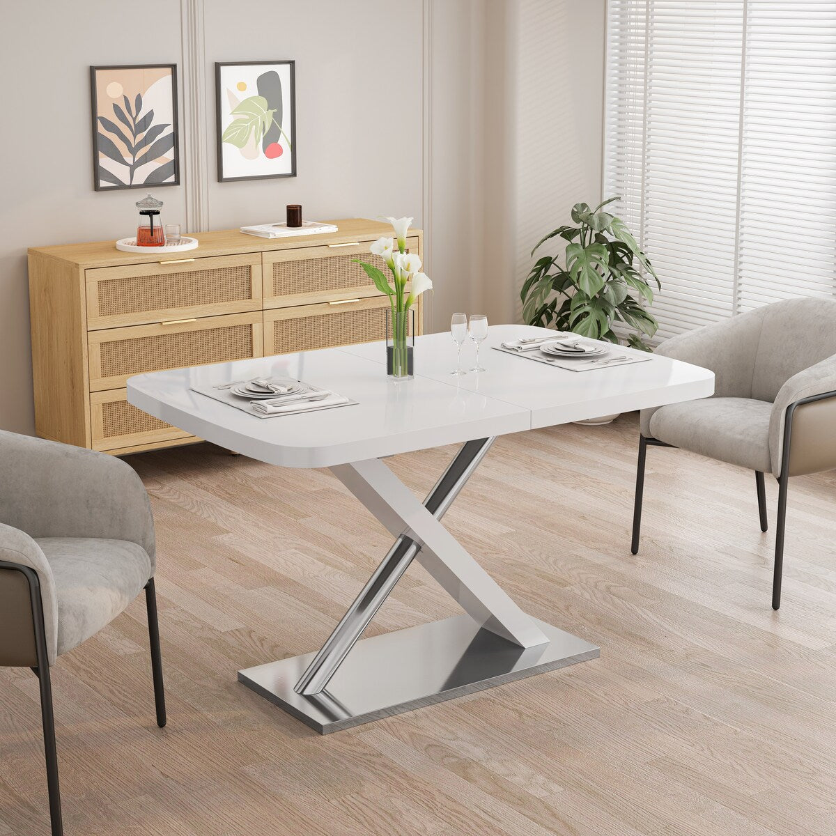 47.25"-63" Glossy Dining Table for 4-6 People, Extendable Dining Table with Crossed Metal Base and Stainless Steel Tubes
