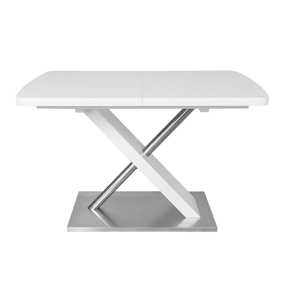 47.25"-63" Glossy Dining Table for 4-6 People, Extendable Dining Table with Crossed Metal Base and Stainless Steel Tubes