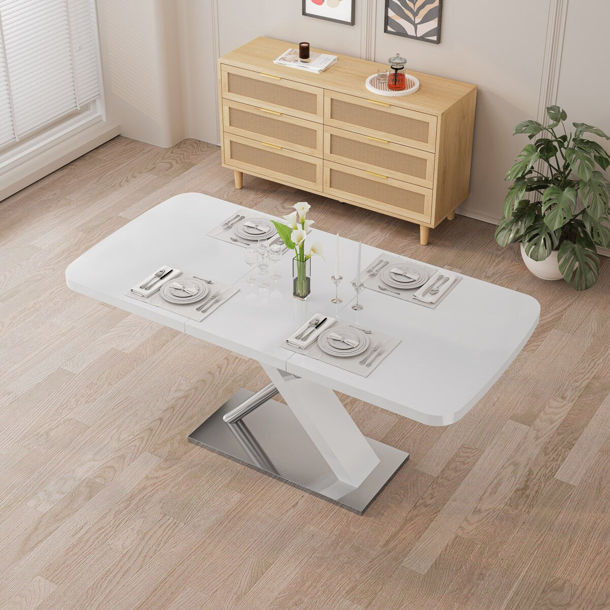 47.25"-63" Glossy Dining Table for 4-6 People, Extendable Dining Table with Crossed Metal Base and Stainless Steel Tubes