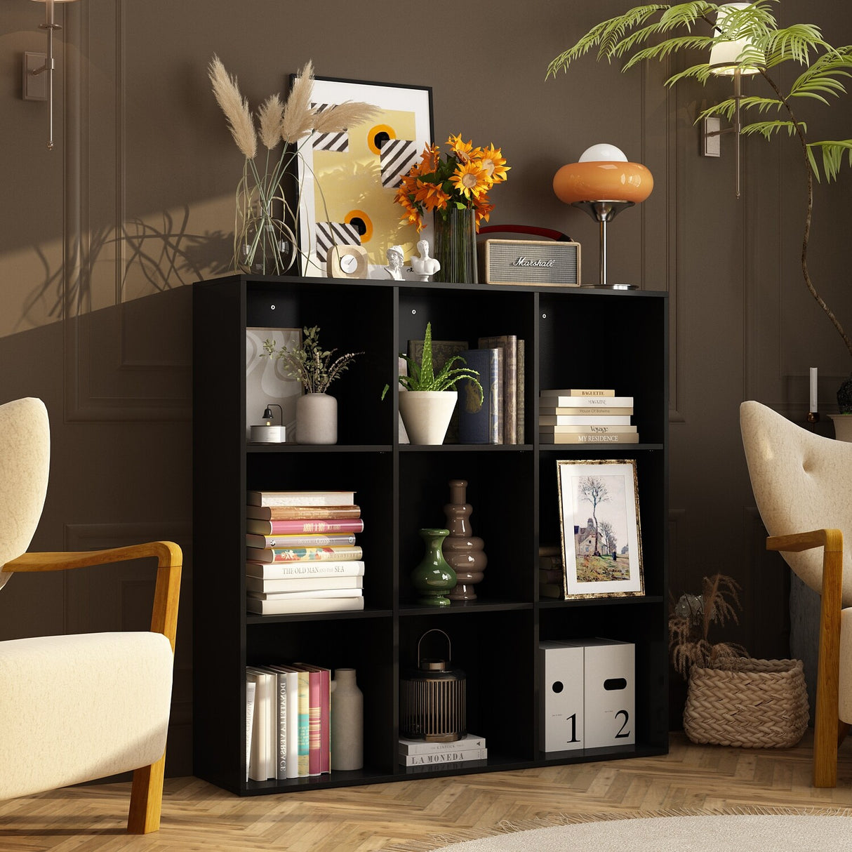 47.2" Black 3x3 Cube Storage Bookcase Organizer,Bookshelves,