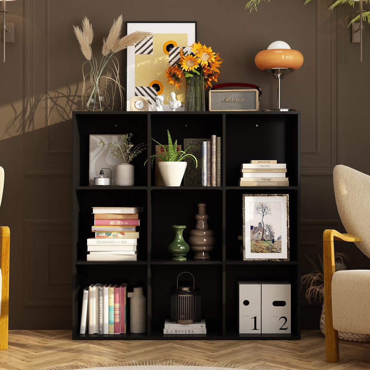 47.2" Black 3x3 Cube Storage Bookcase Organizer,Bookshelves,
