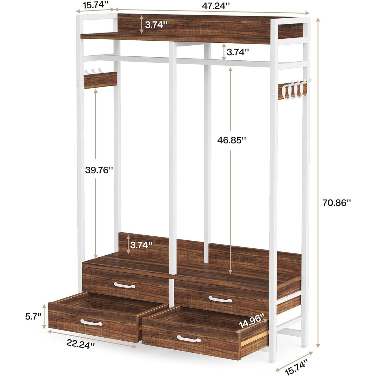 47.2" W Freestanding Closet Organizer for Hanging Clothes, Heavy Duty Garment Rack with 4 Drawers, 8 Hooks and Storage Shelves