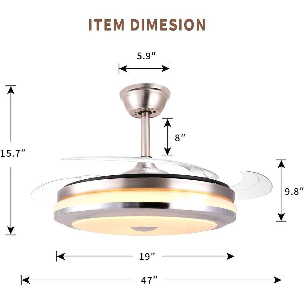 47" Retractable Ceiling Fan with Light Remote Control, Modern Silver Chandelier Ceiling Fan