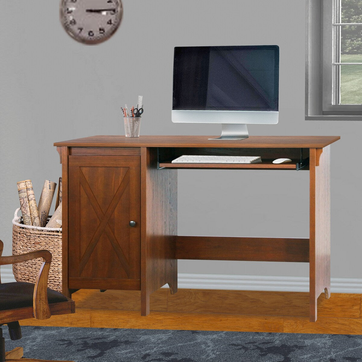 47" Writing Desk Espresso Writing Desk with Keyboard Tray and Enclosed Adjustable Shelf Cabinet - Home Office and Study