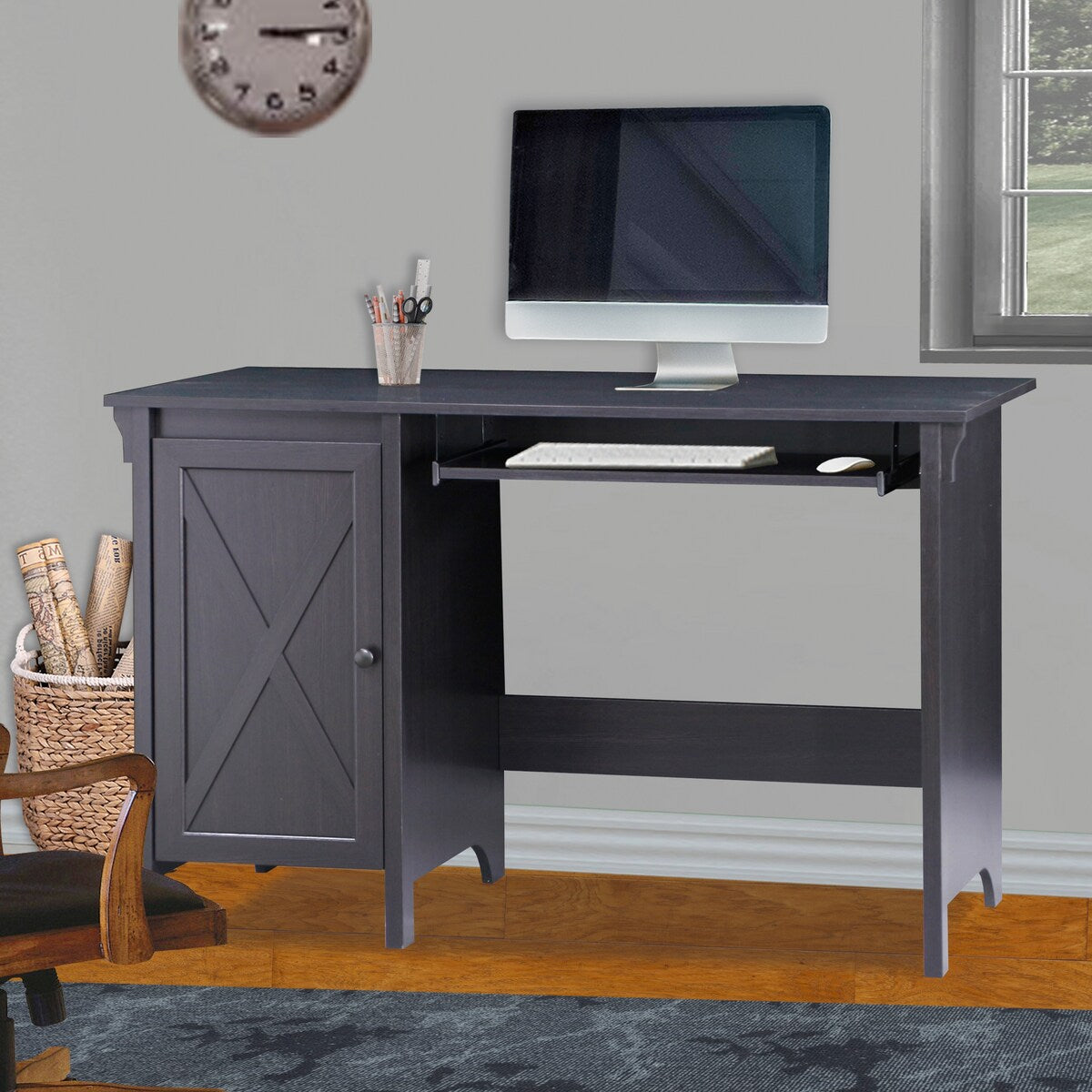 47" Writing Desk Espresso Writing Desk with Keyboard Tray and Enclosed Adjustable Shelf Cabinet - Home Office and Study