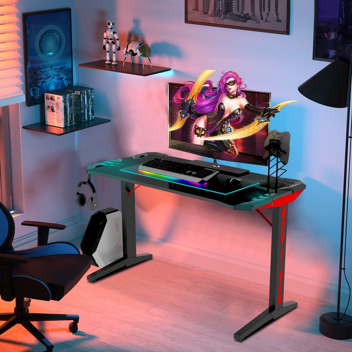 47"W Ergonomic Gaming Desk, T Shaped Office PC Computer Desk