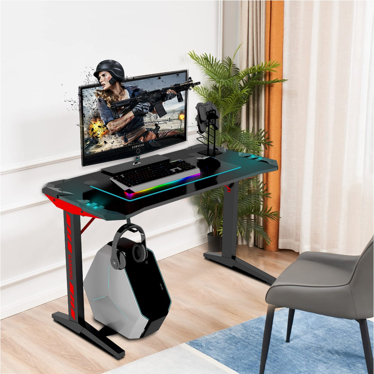47"W Ergonomic Gaming Desk, T Shaped Office PC Computer Desk