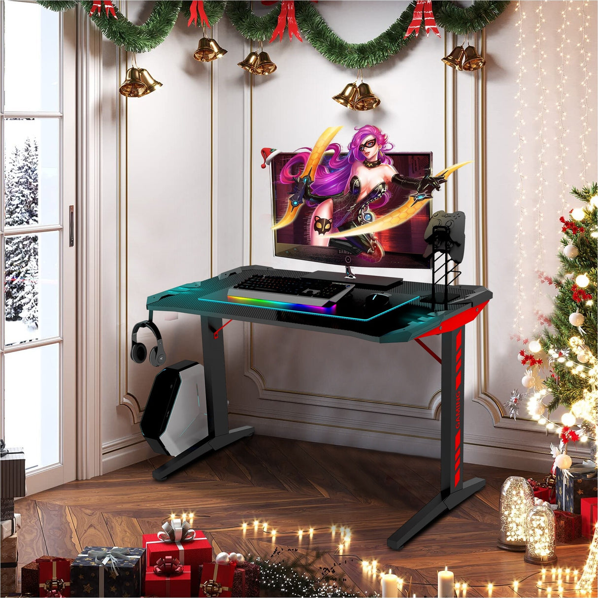 47"W Ergonomic Gaming Desk, T Shaped Office PC Computer Desk