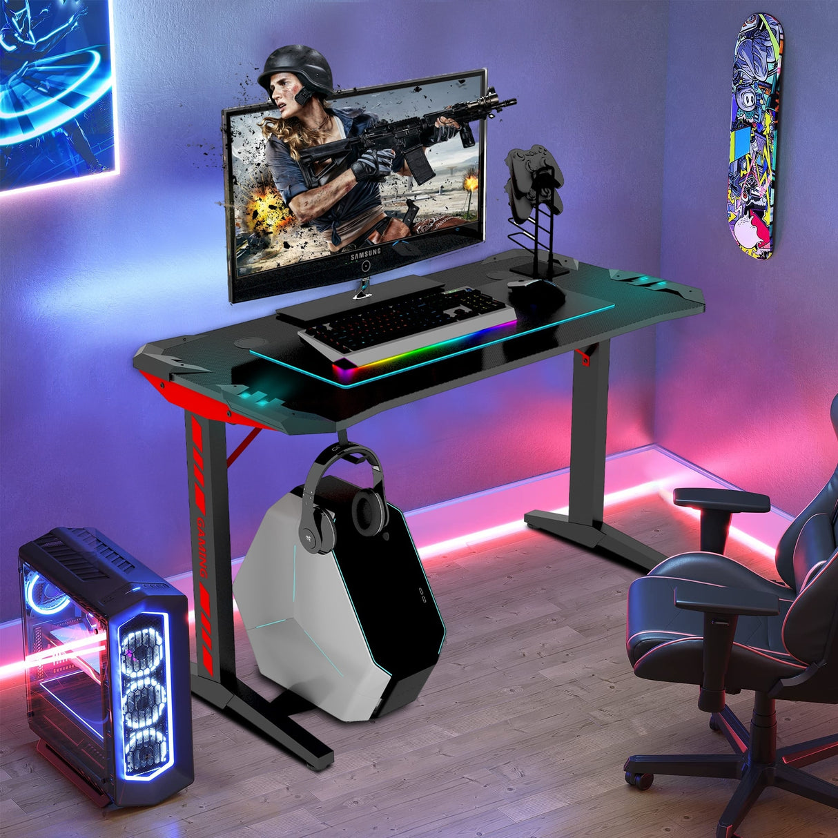 47"W Ergonomic Gaming Desk, T Shaped Office PC Computer Desk