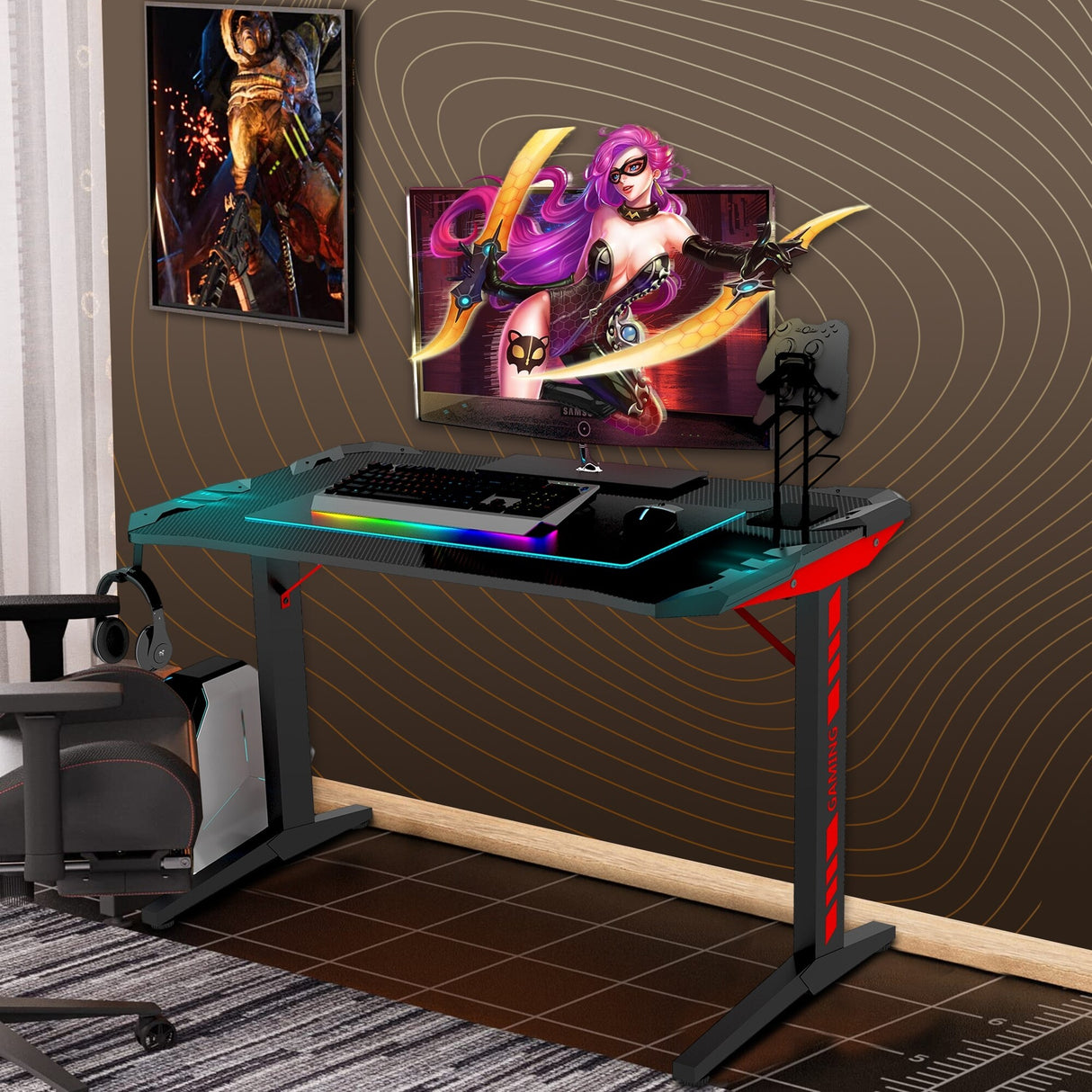 47"W Ergonomic Gaming Desk, T Shaped Office PC Computer Desk