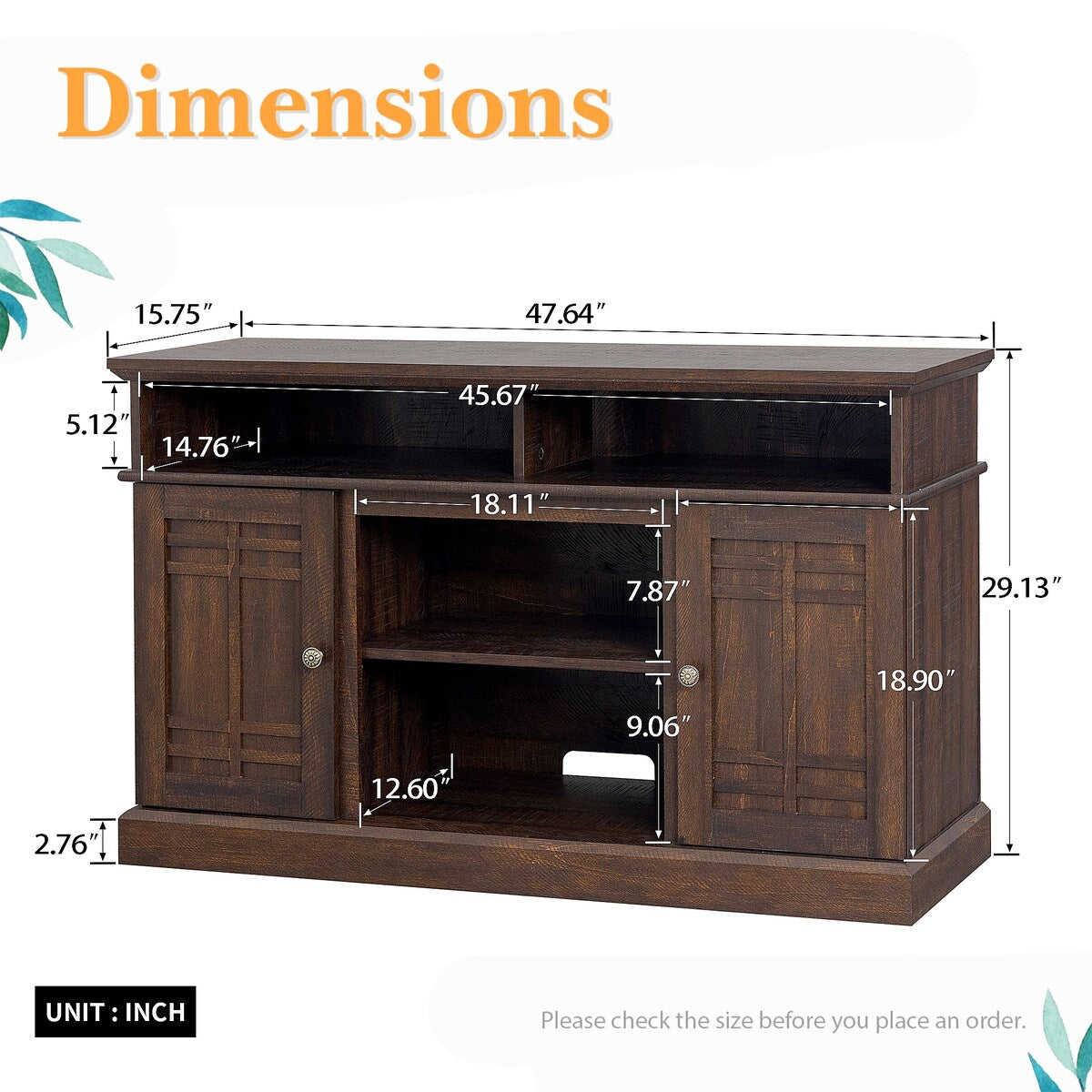 47"W Fireplace TV Stand & Entertainment Center, Remote Control - 47.64" L X 15.75" W x 29.13" H