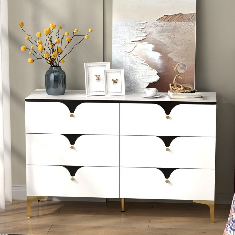 47"W Modern side cabinet 6 Chest of Drawers,Wide Storage Organizer Cabinet，White sideboard
