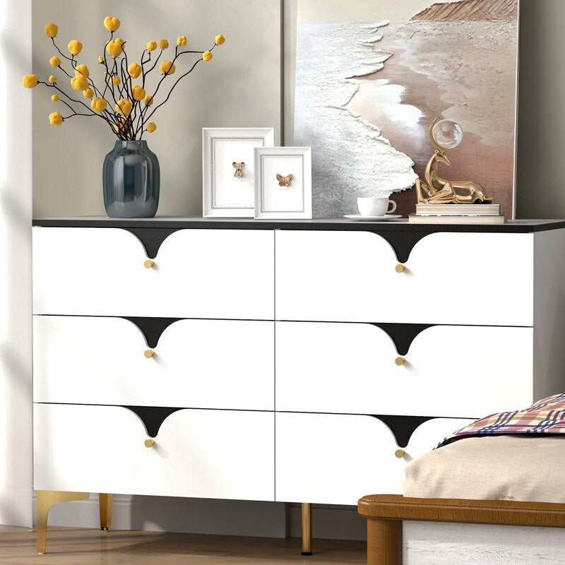 47"W Modern side cabinet 6 Chest of Drawers,Wide Storage Organizer Cabinet，White sideboard