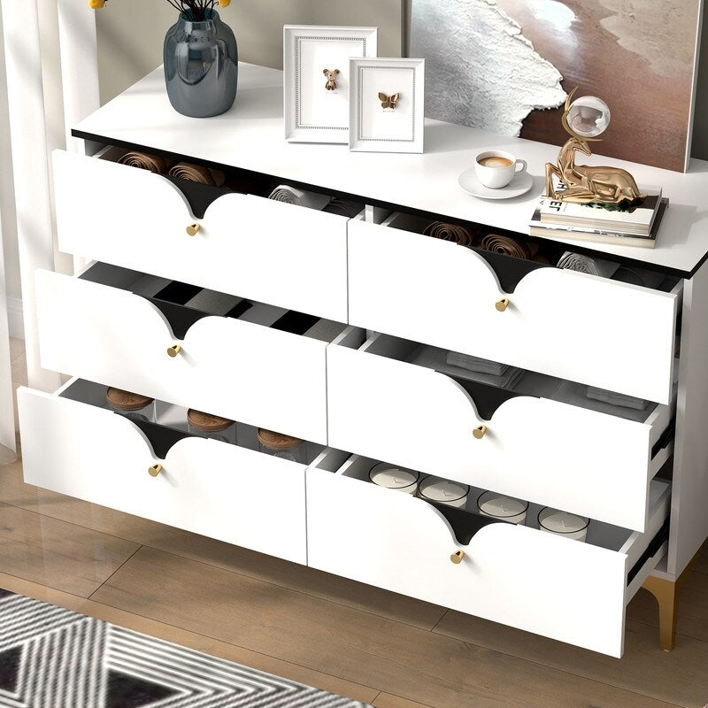 47"W Modern side cabinet 6 Chest of Drawers,Wide Storage Organizer Cabinet，White sideboard