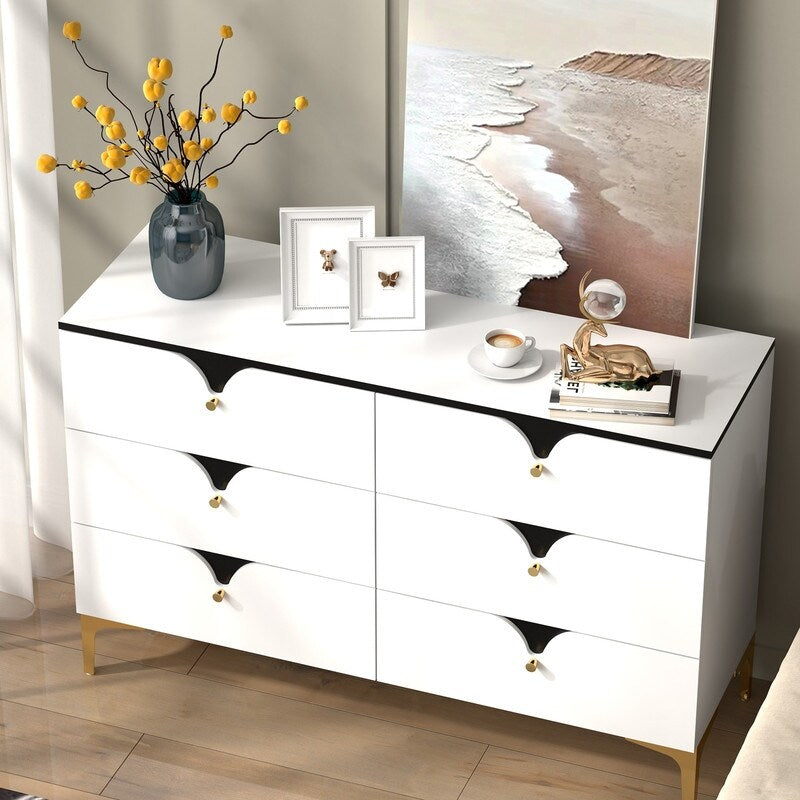 47"W Modern side cabinet 6 Chest of Drawers,Wide Storage Organizer Cabinet，White sideboard