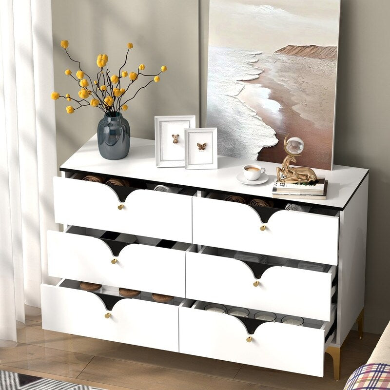 47"W Modern side cabinet 6 Chest of Drawers,Wide Storage Organizer Cabinet，White sideboard