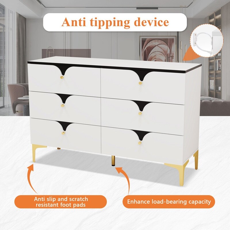 47"W Modern side cabinet 6 Chest of Drawers,Wide Storage Organizer Cabinet，White sideboard