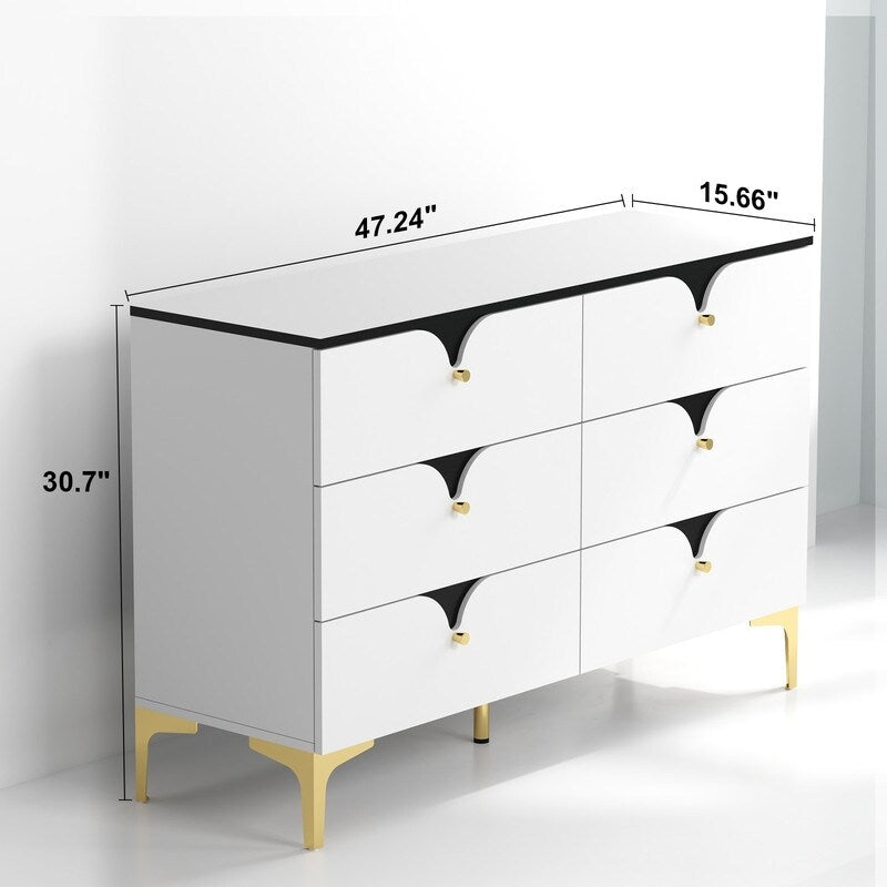 47"W Modern side cabinet 6 Chest of Drawers,Wide Storage Organizer Cabinet，White sideboard