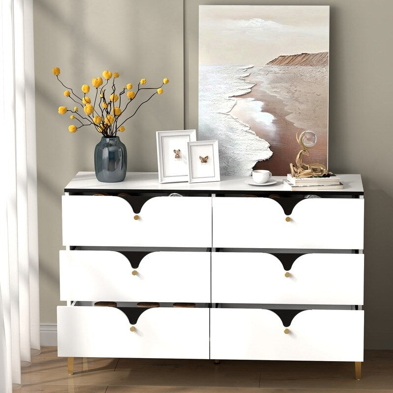 47"W Modern side cabinet 6 Chest of Drawers,Wide Storage Organizer Cabinet，White sideboard
