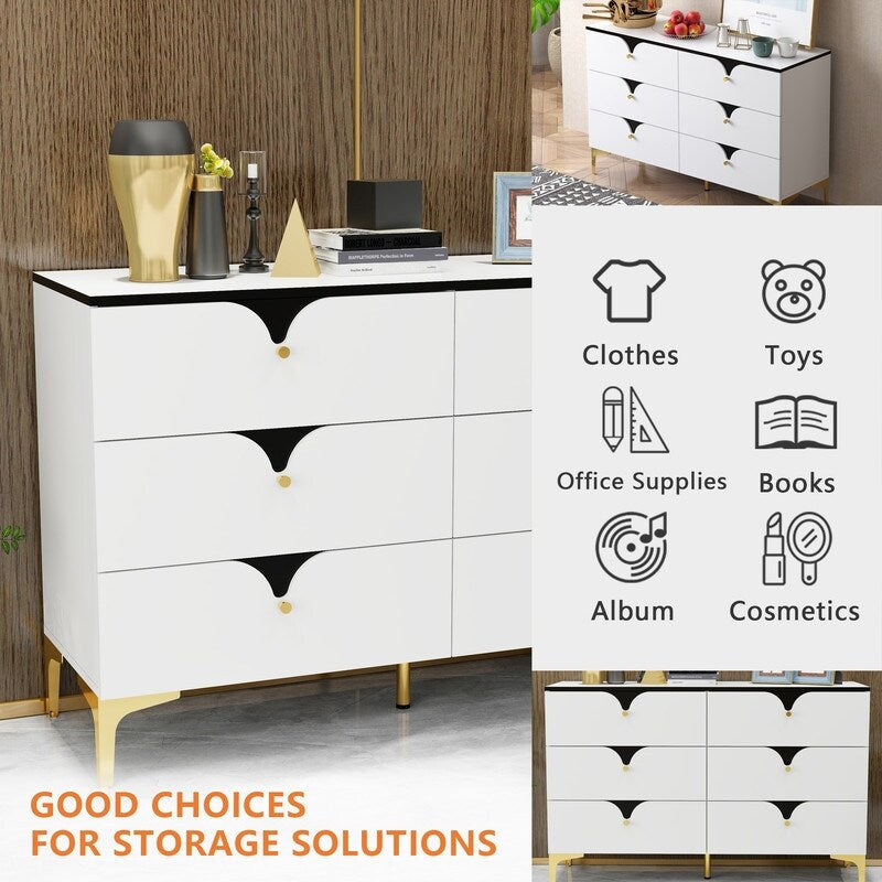 47"W Modern side cabinet 6 Chest of Drawers,Wide Storage Organizer Cabinet，White sideboard