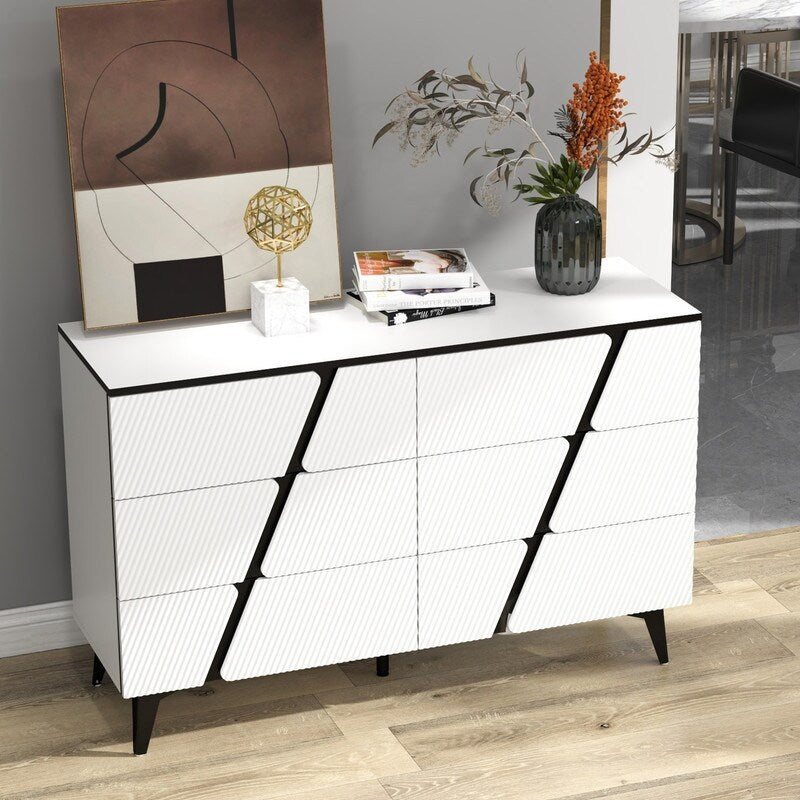 47"W Storage Cabinet with 6 drawers,Wood Buffet Sideboard ,Large Cupboard with diagonal stripes