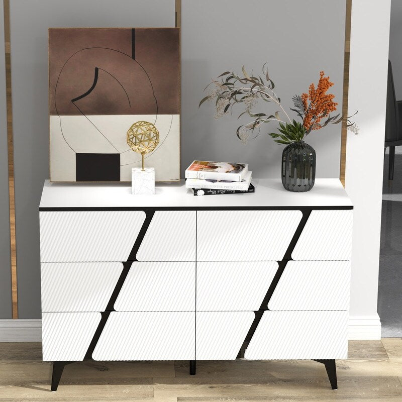 47"W Storage Cabinet with 6 drawers,Wood Buffet Sideboard ,Large Cupboard with diagonal stripes
