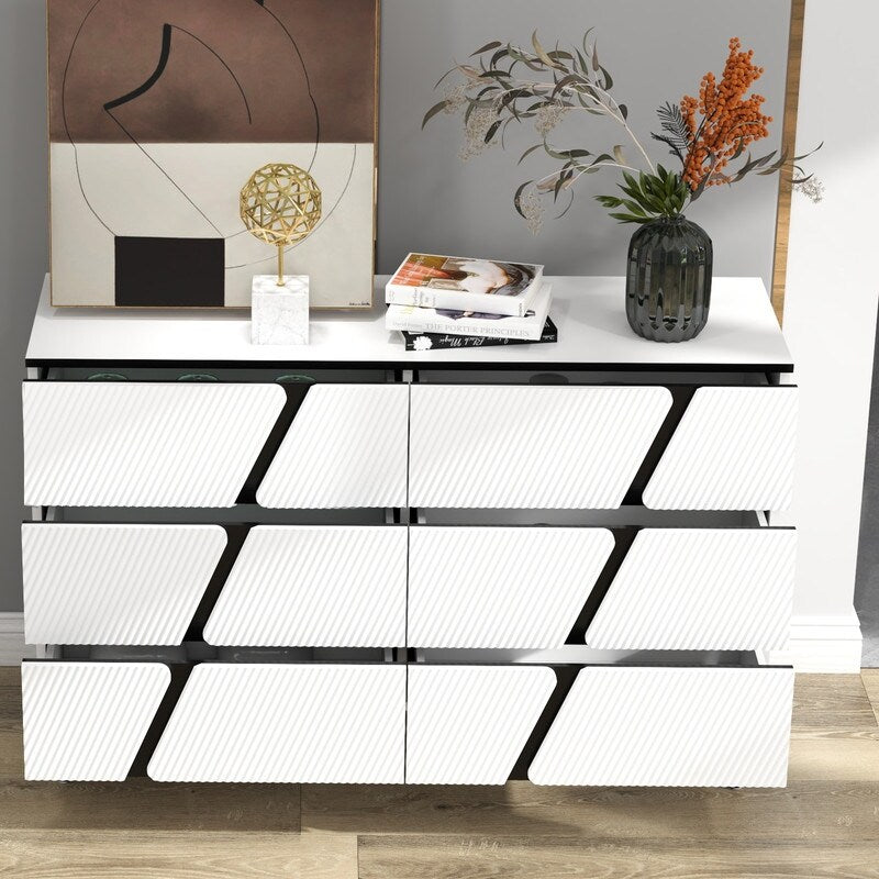 47"W Storage Cabinet with 6 drawers,Wood Buffet Sideboard ,Large Cupboard with diagonal stripes