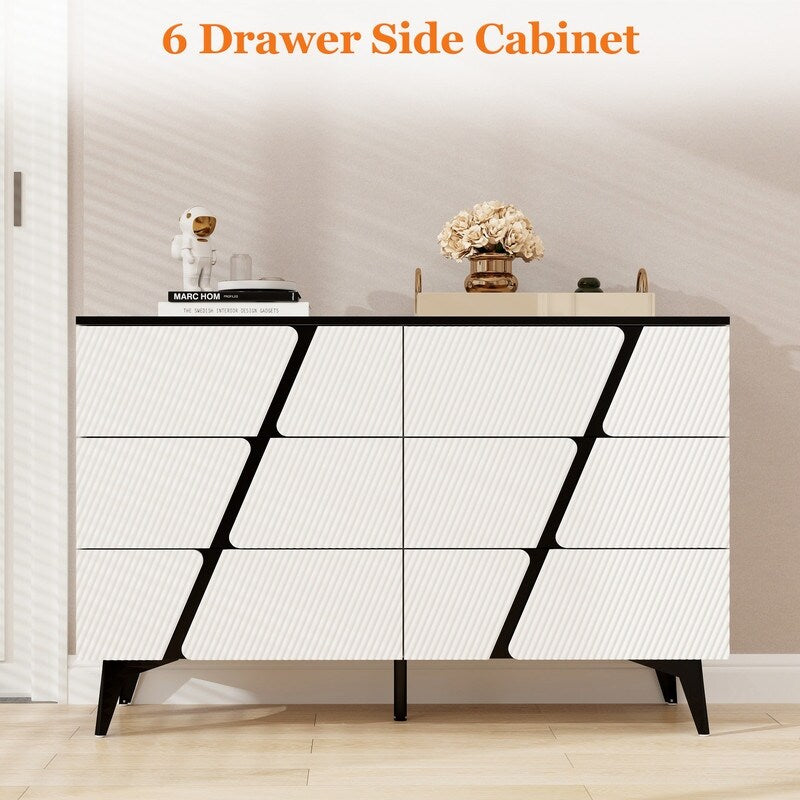 47"W Storage Cabinet with 6 drawers,Wood Buffet Sideboard ,Large Cupboard with diagonal stripes