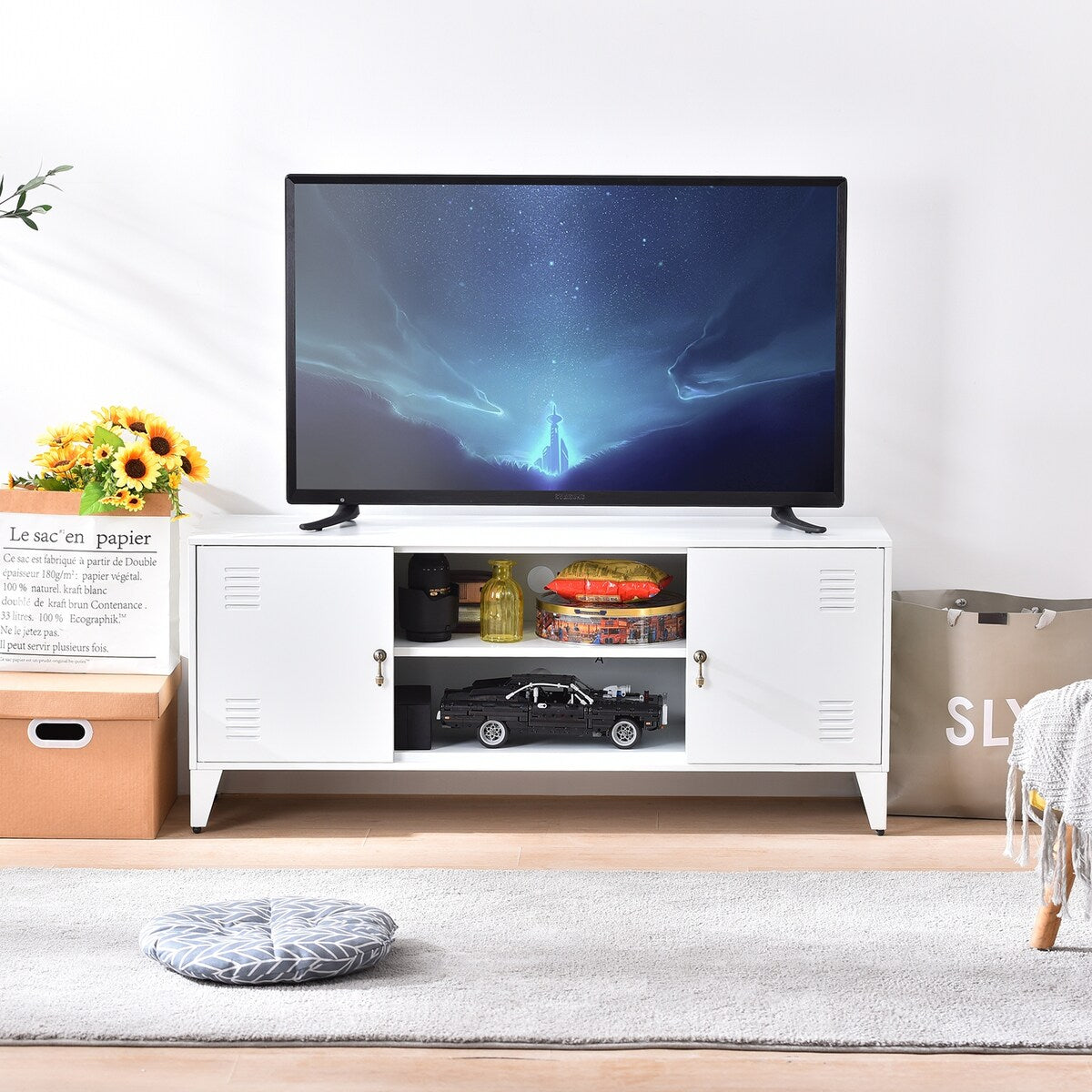 47''W Industrial Metal Storage TV Stand with 2 Door Cabinet&2-Tier Shelf