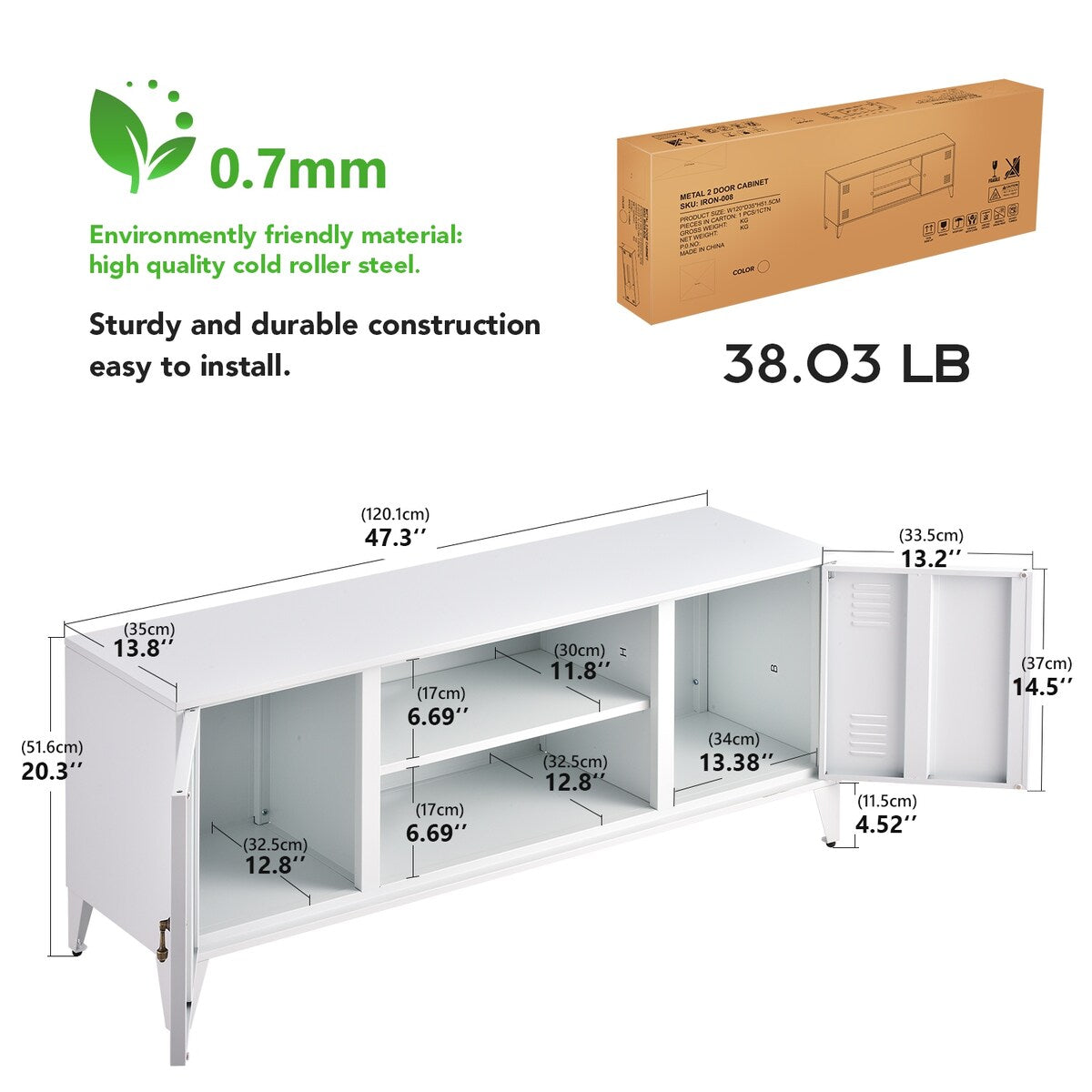47''W Industrial Metal Storage TV Stand with 2 Door Cabinet&2-Tier Shelf