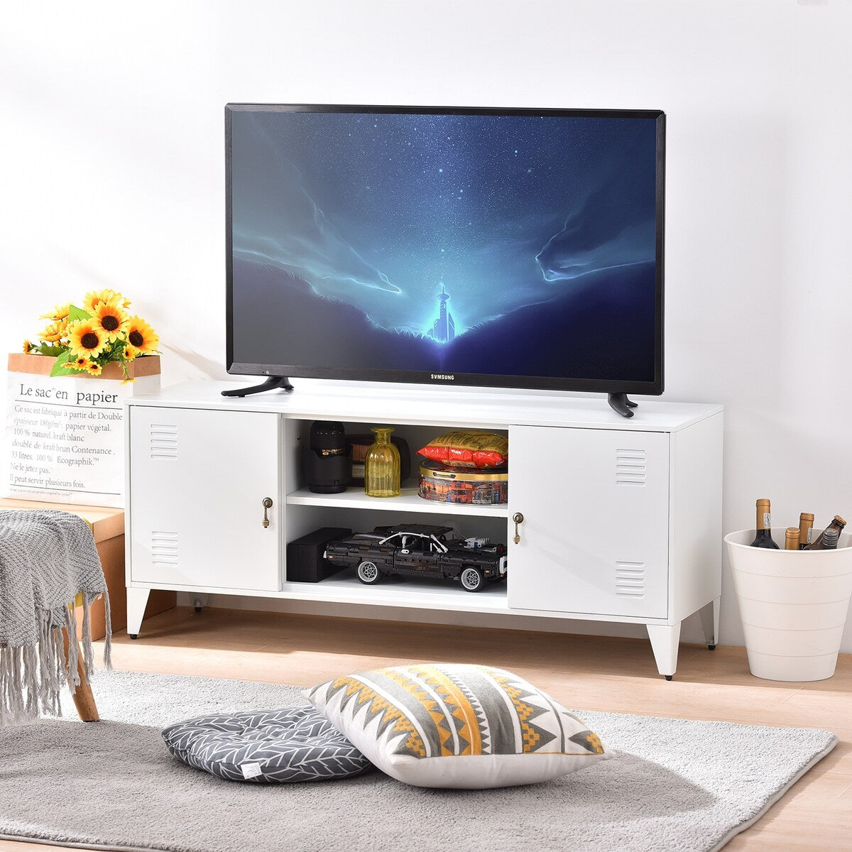 47''W Industrial Metal Storage TV Stand with 2 Door Cabinet&2-Tier Shelf