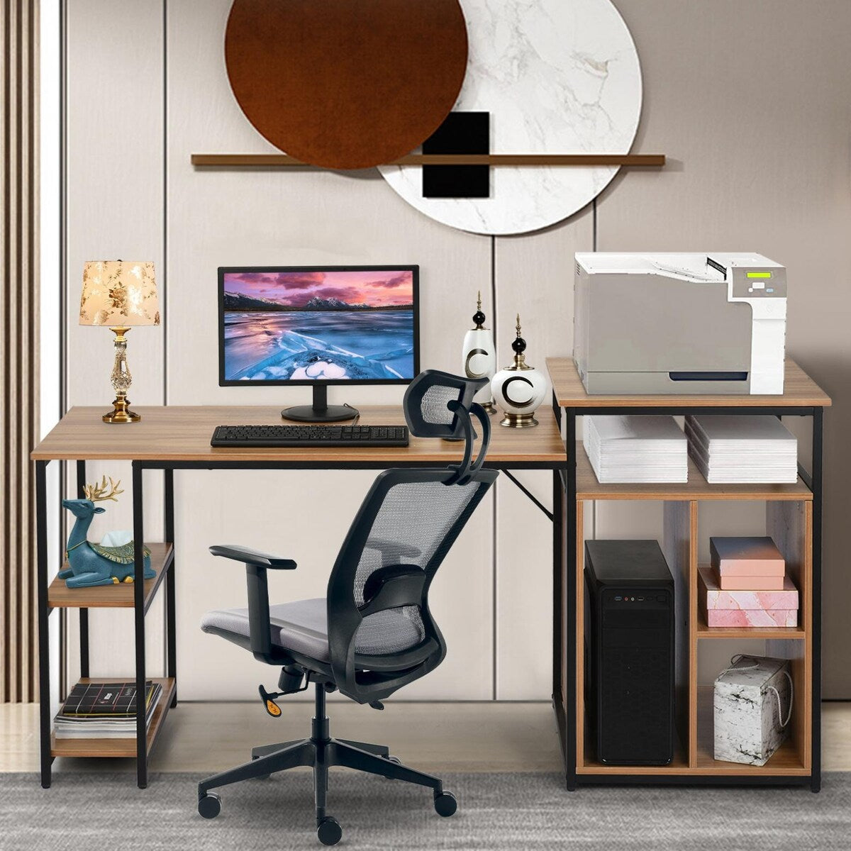 47in Computer Desk With Printer Stand and Bookshelf