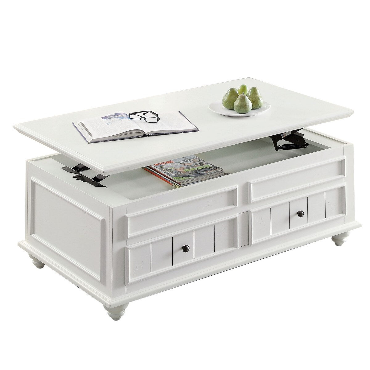 48 Inch Coffee Table, Lift Top Function, 2 Drawers, White Poplar Wood