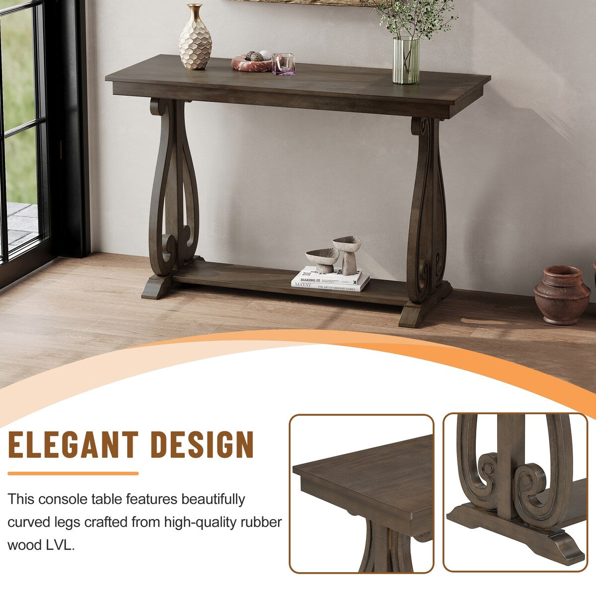 48-Inch Rustic Vintage Console Table --- Farmhouse Style Entryway Table with Open Shelf and Sturdy Construction