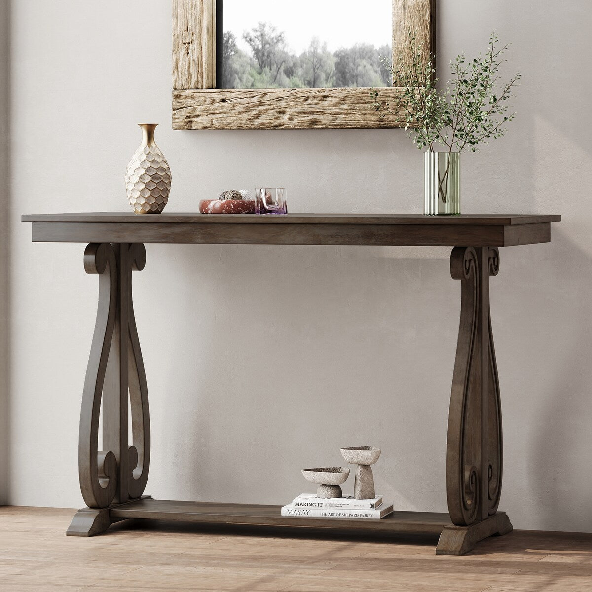 48-Inch Rustic Vintage Console Table --- Farmhouse Style Entryway Table with Open Shelf and Sturdy Construction