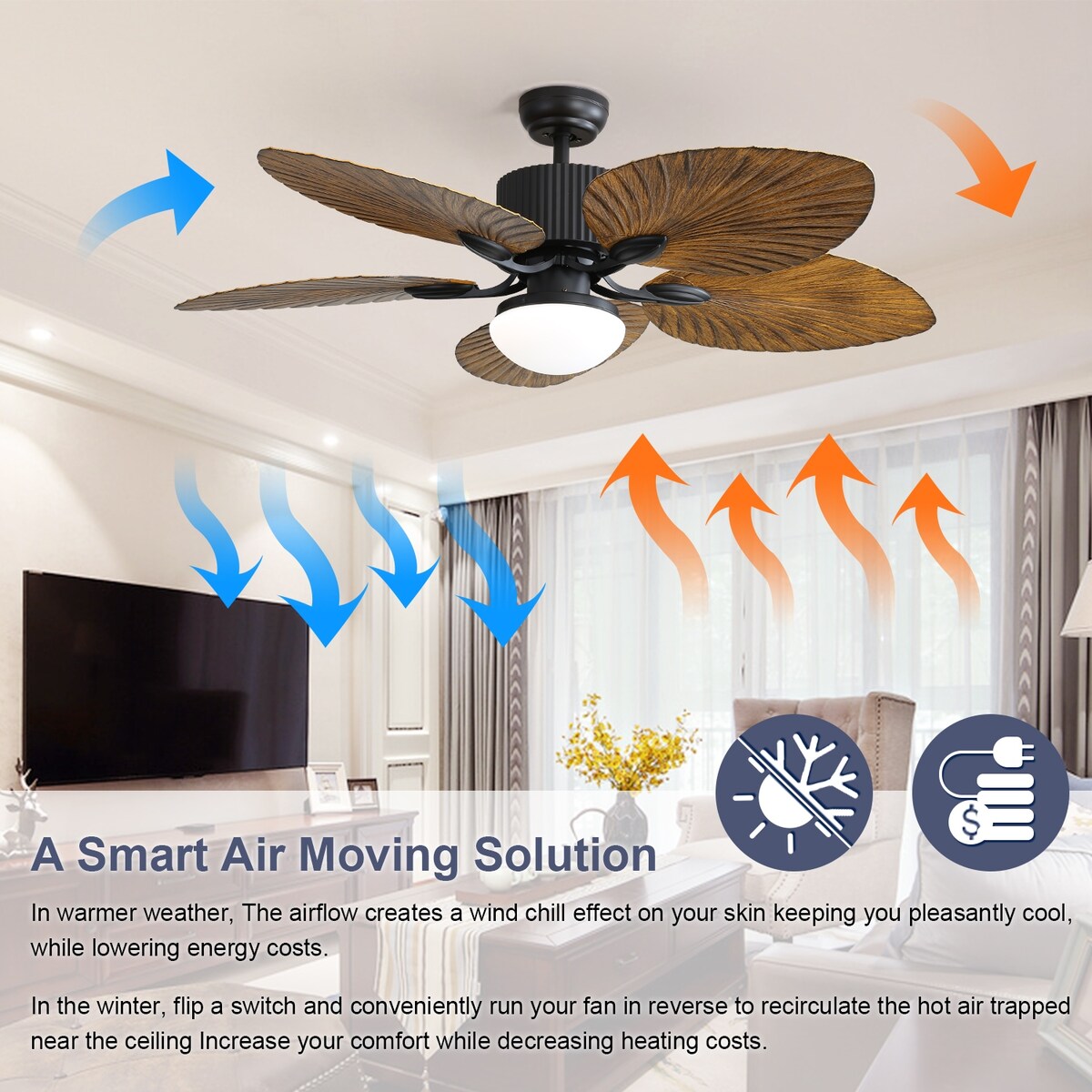 48 Inch Tropical Ceiling Fan With 3 Speed Wind 3 Color Dimmable Led Light Remote Control Reversible BLDC Motor