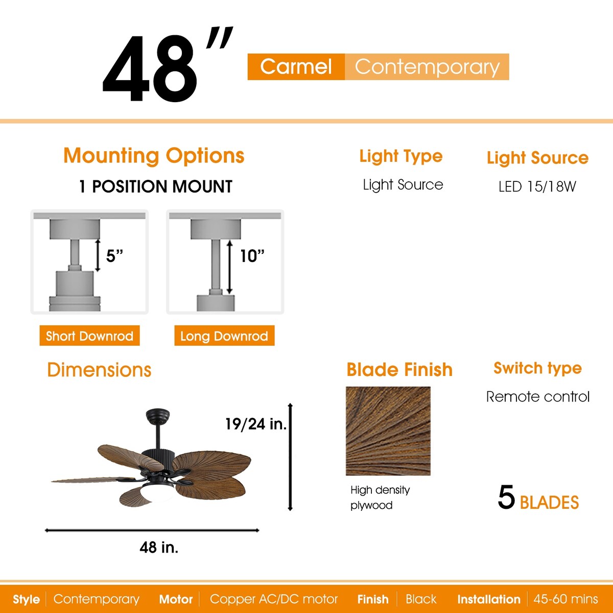 48 Inch Tropical Ceiling Fan With 3 Speed Wind 3 Color Dimmable Led Light Remote Control Reversible BLDC Motor