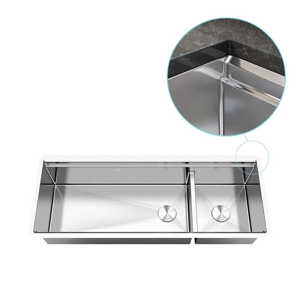 48 Inch Workstation Undermount 16 Gauge Double Bowl Stainless Steel Kitchen Sink w/ Integrated Ledge, 15mm Radius Accessories