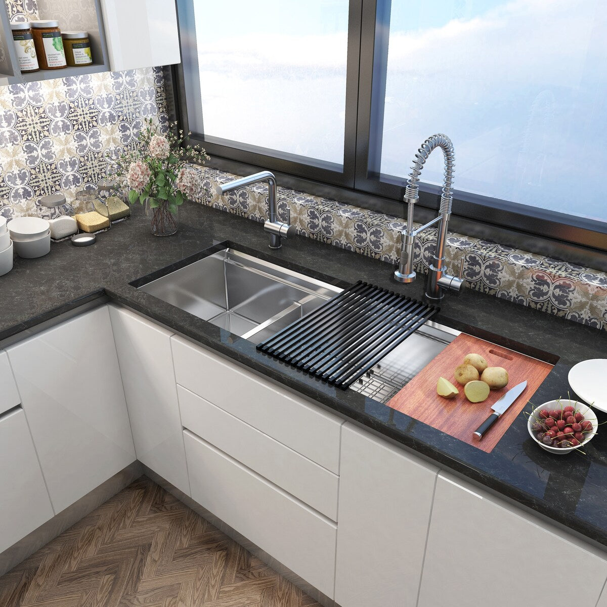 48 Inch Workstation Undermount 16 Gauge Double Bowl Stainless Steel Kitchen Sink w/ Integrated Ledge, 15mm Radius Accessories