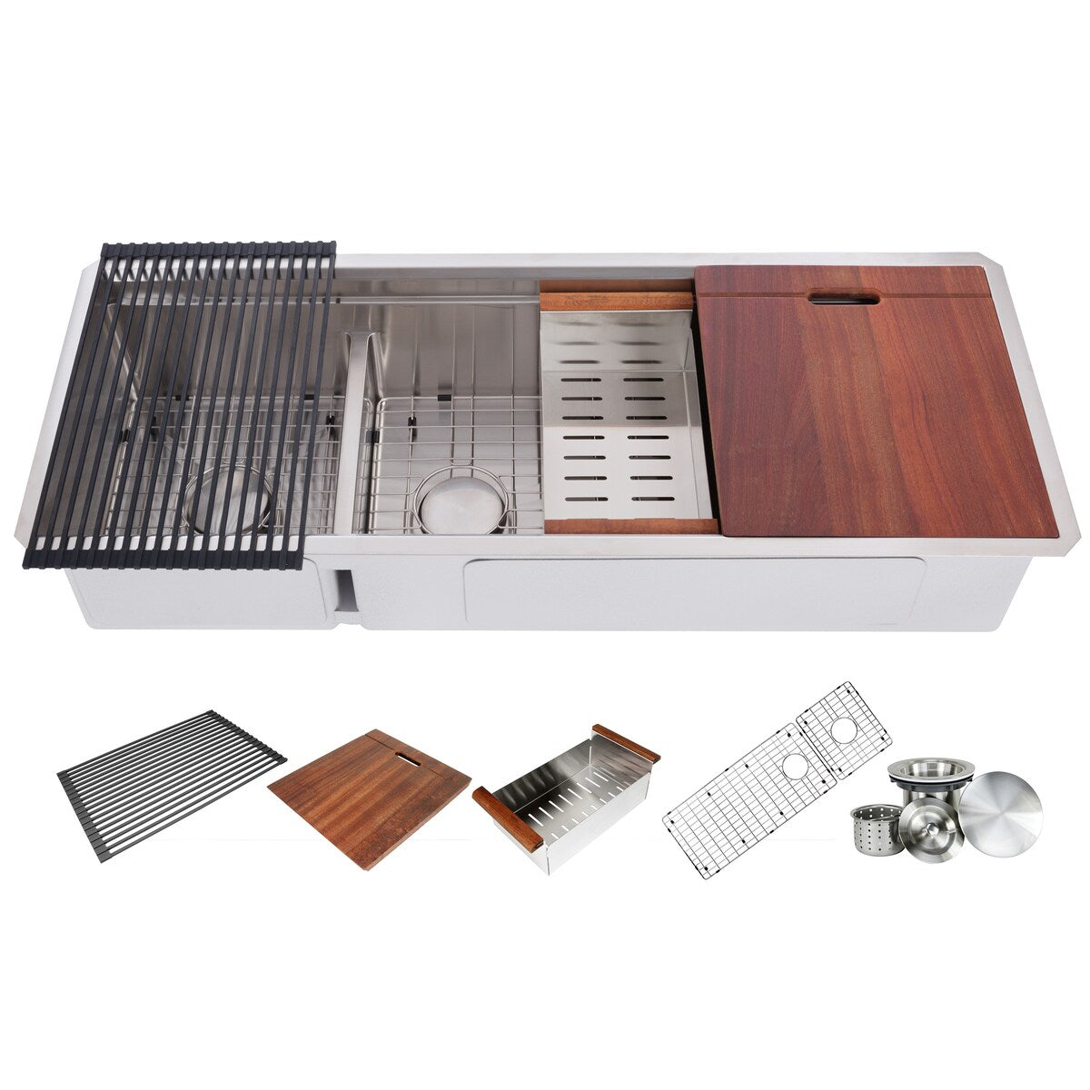 48 Inch Workstation Undermount 16 Gauge Double Bowl Stainless Steel Kitchen Sink w/ Integrated Ledge, 15mm Radius Accessories