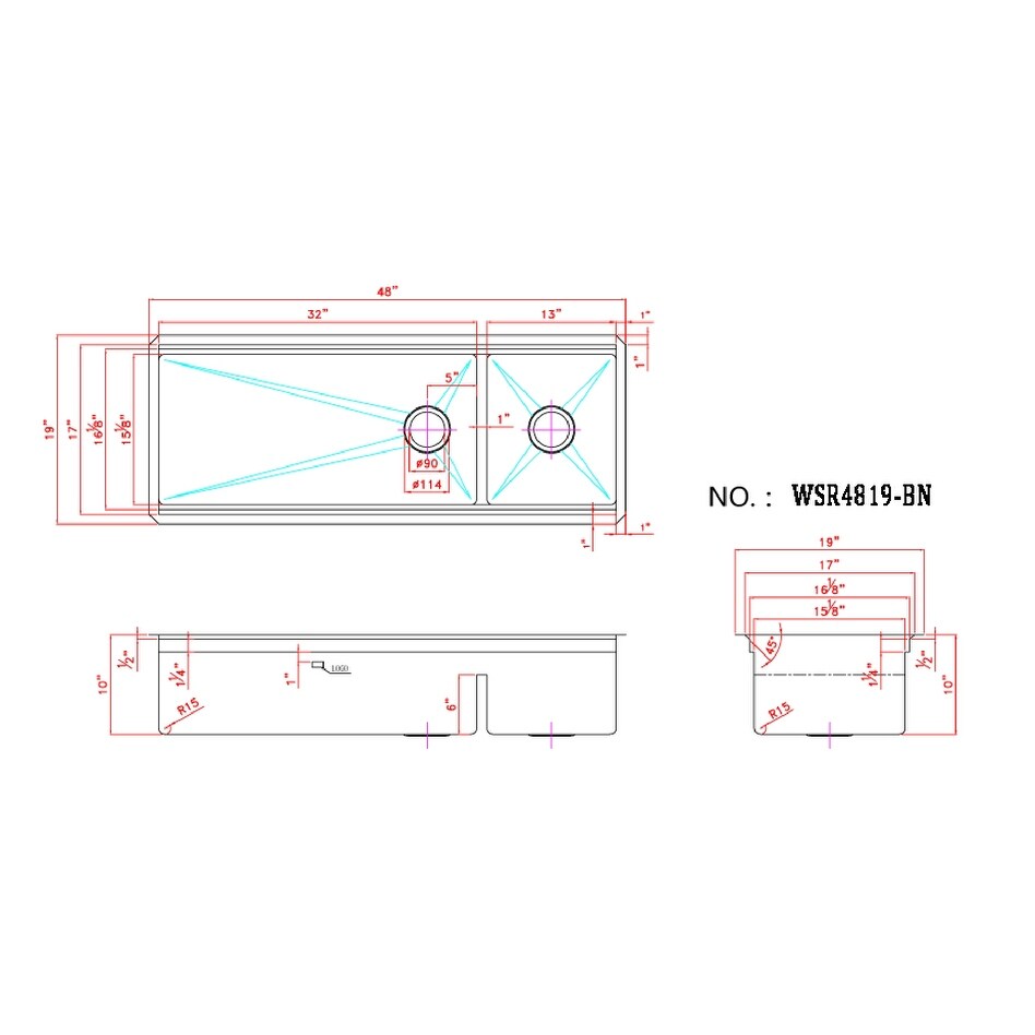 48 Inch Workstation Undermount 16 Gauge Double Bowl Stainless Steel Kitchen Sink w/ Integrated Ledge, 15mm Radius Accessories