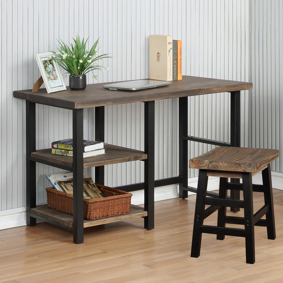 48 Inch Writing Desks with 2 Shelves , Exquisite Workmanship of a Solid Wood Top with Metal Legs