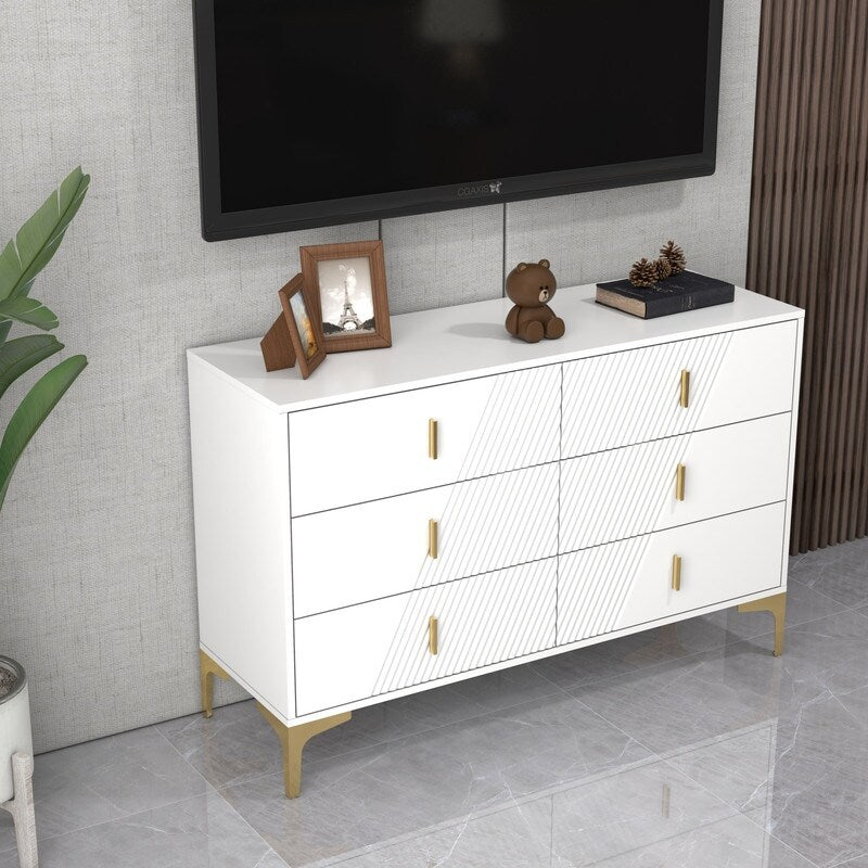 48 "W White Side Cabinet with Six Drawers,Sideboard for Living Room