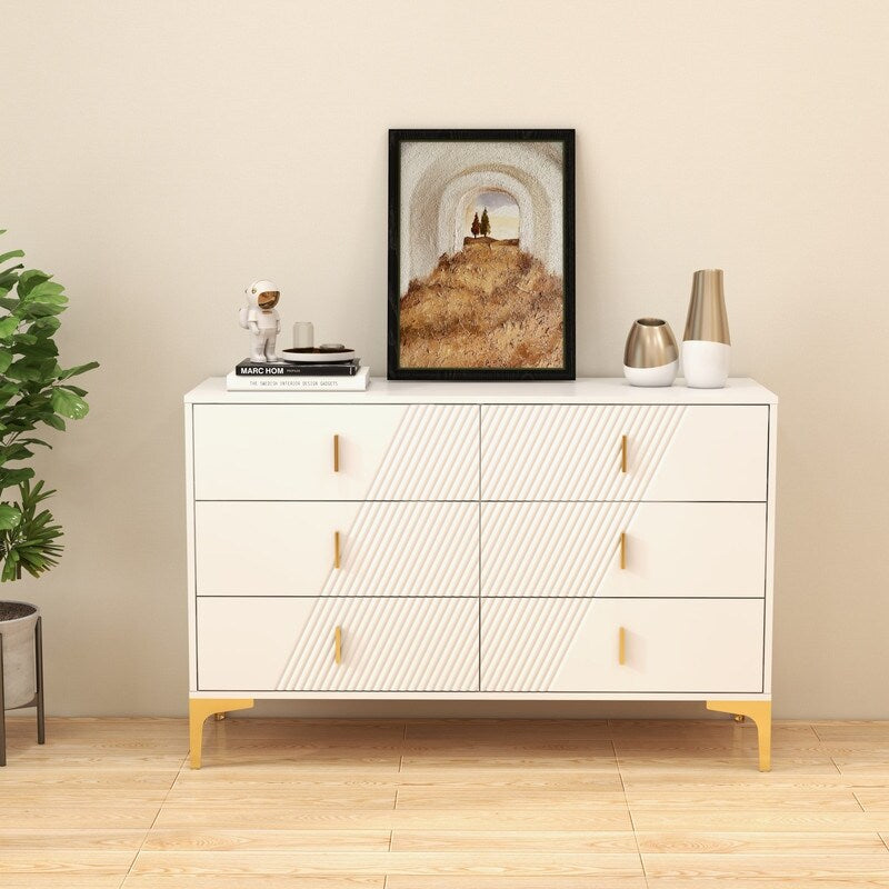 48 "W White Side Cabinet with Six Drawers,Sideboard for Living Room