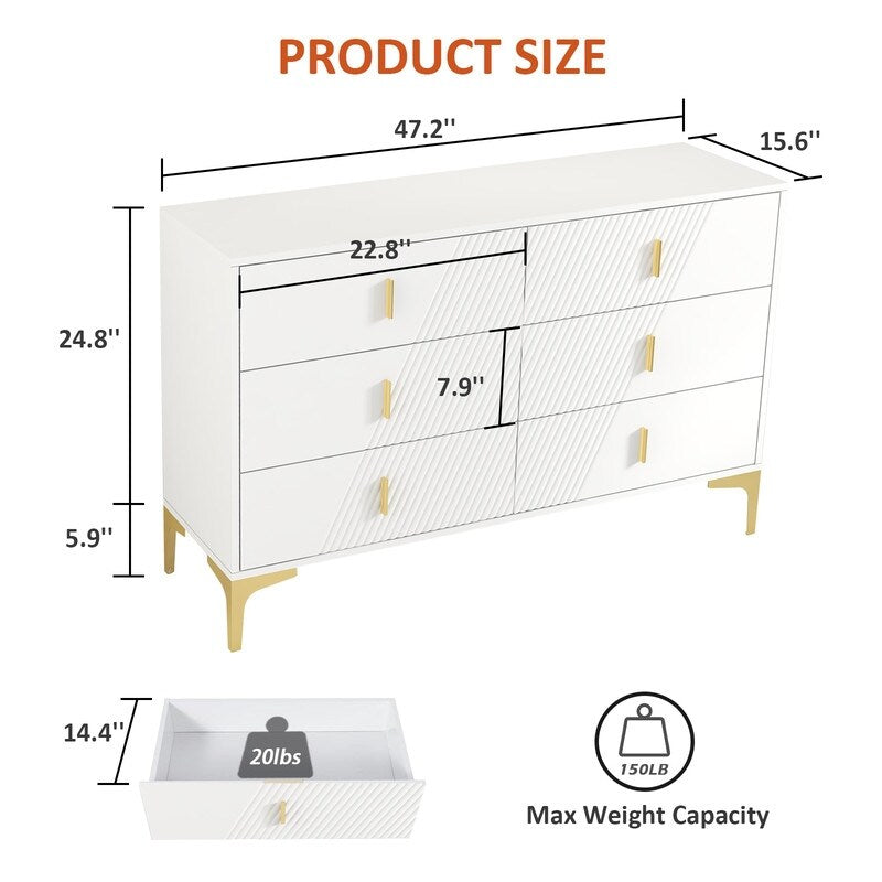 48 "W White Side Cabinet with Six Drawers,Sideboard for Living Room