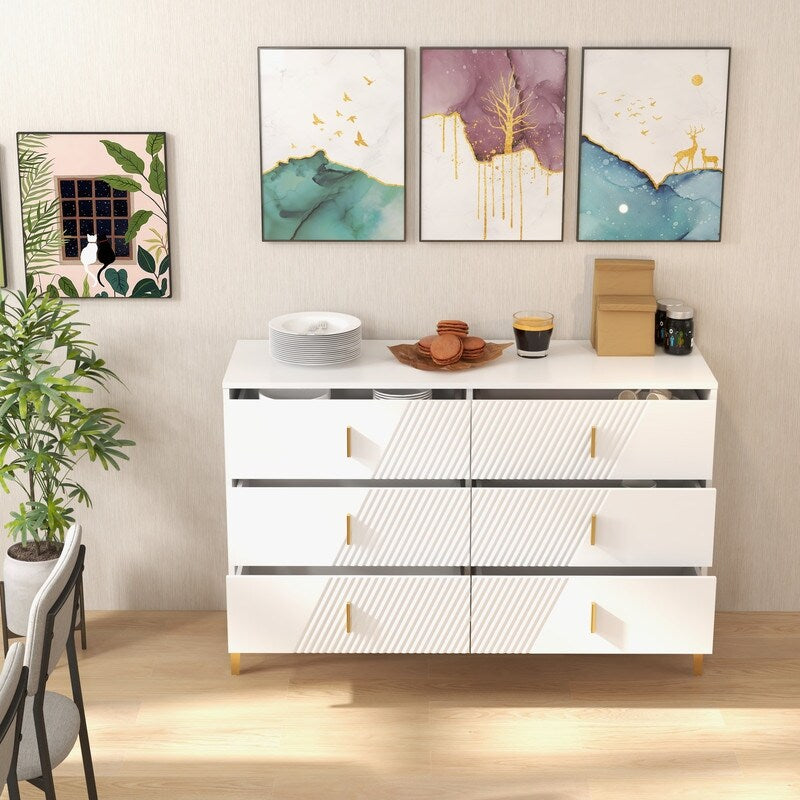 48 "W White Side Cabinet with Six Drawers,Sideboard for Living Room