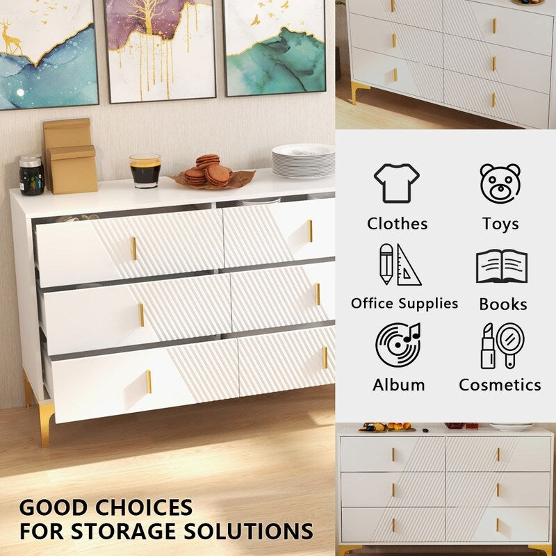 48 "W White Side Cabinet with Six Drawers,Sideboard for Living Room