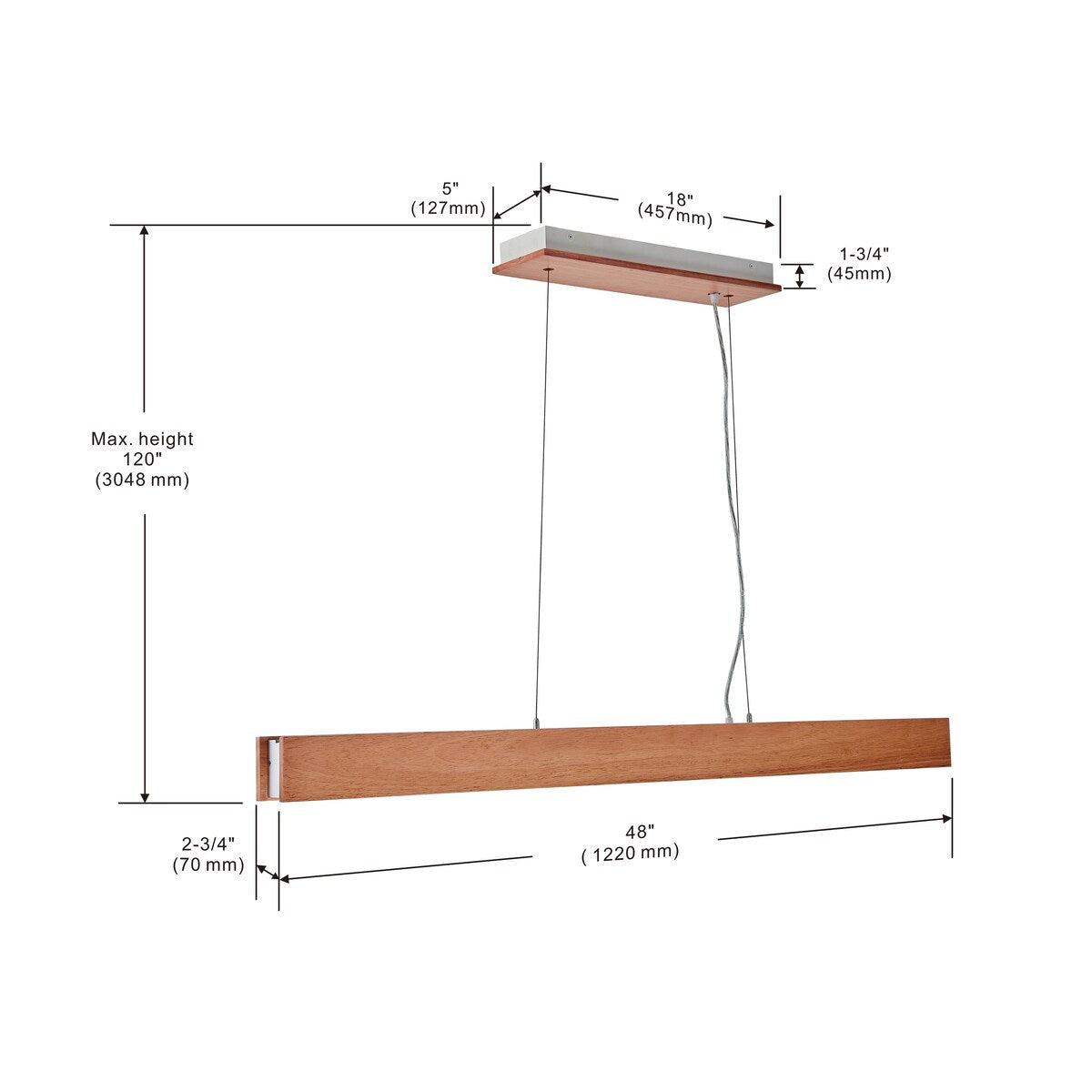 48 inch LED Pendant light in natural finish - 120"H x 48"W x 2.75"D