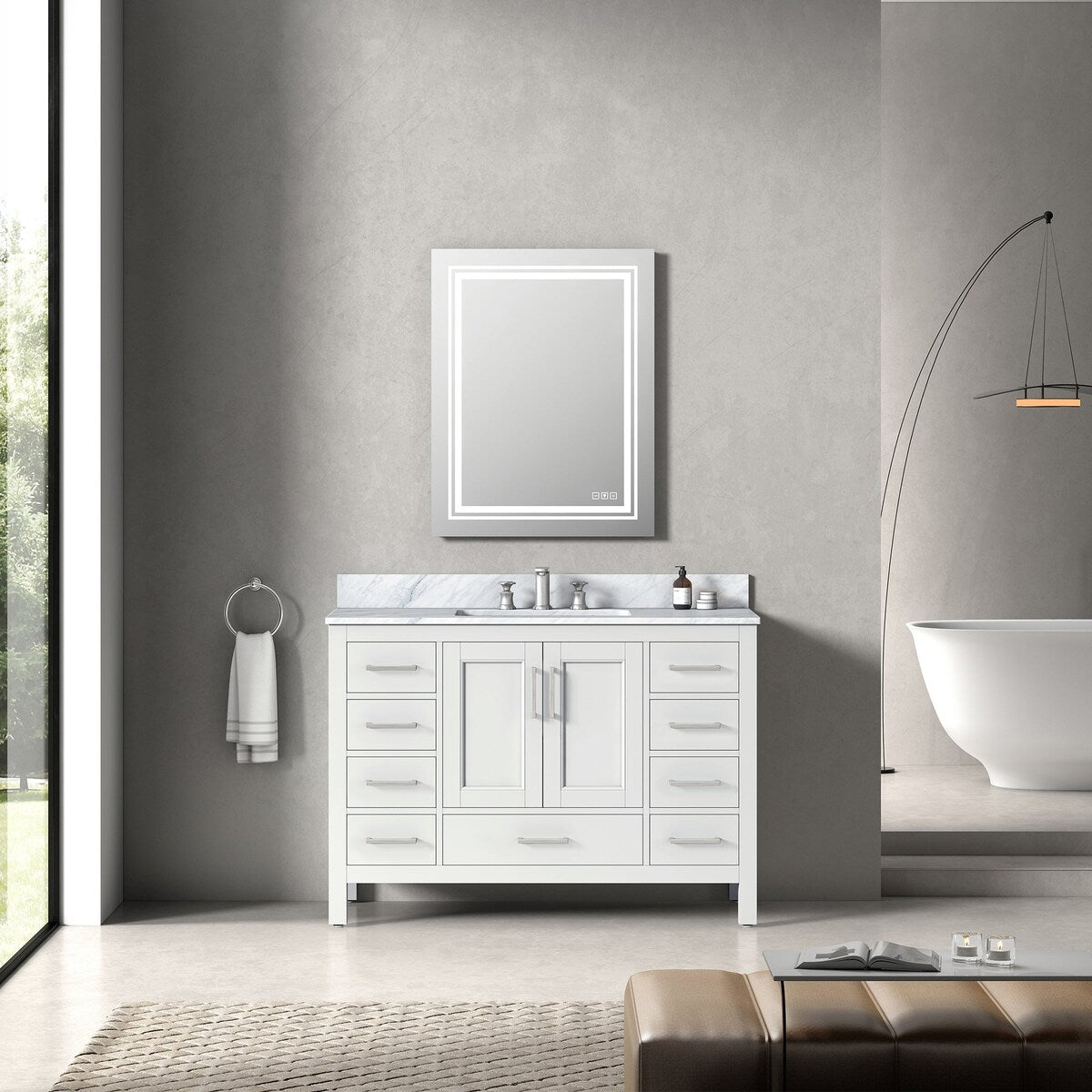 48 inch Plywood Freestanding Bathroom Vanity Set with Drawer and Doors and Natural Marble Top and Ceramic Sink